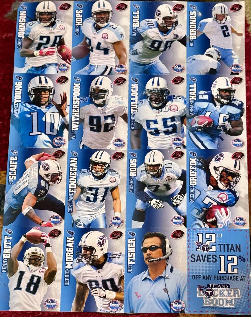 Tennessee Titans 2010 Promotional Kroger Player Card Uncut Sheet with Locker Roo